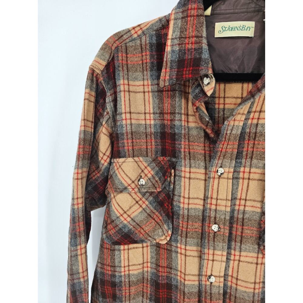 Vintage St Johns Bay Men Sz LT 100% Wool Button Up Shirt Shacket Brown Tan Plaid - Picture 2 of 6